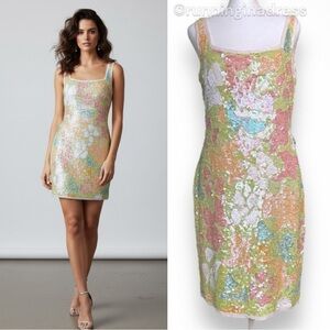 Rare Vintage A.J. Bari Silk Beaded Sequin Abstract Floral Pastel Dress 8 Small